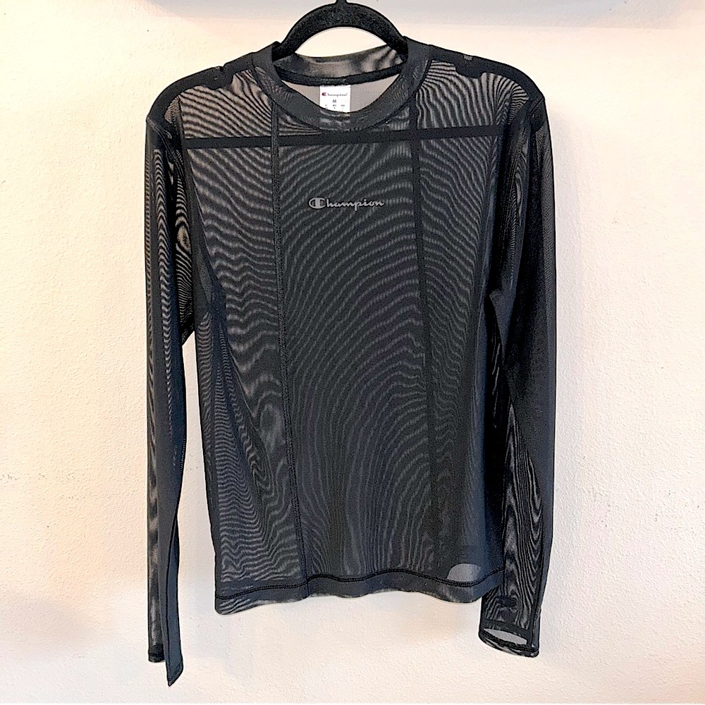 CHAMPION x URBAN OUTFITTERS long sleeve stretchy black mesh shirt sheer pullover